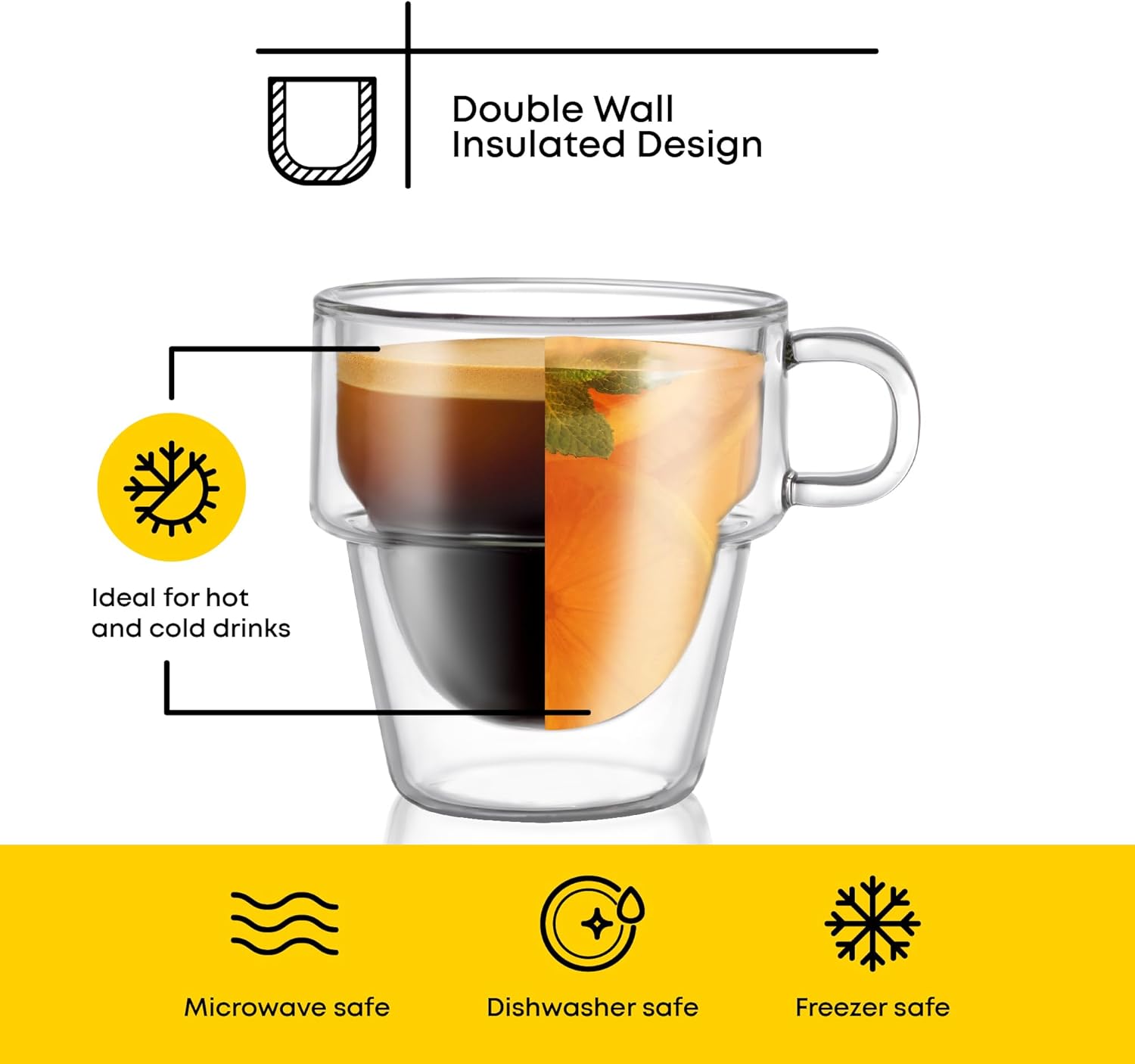 Single 5 oz stackable espresso cup with double wall and care icons