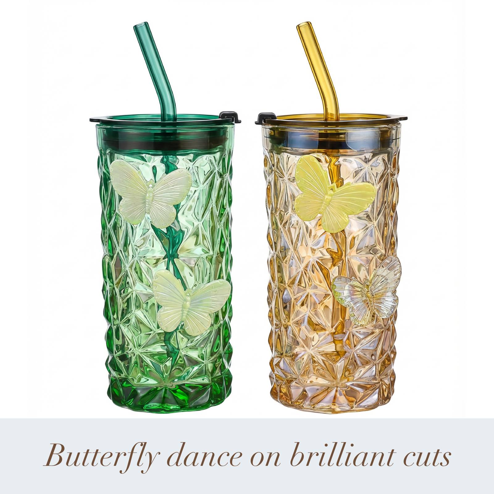 2 Pcs Glass Cups with Lids and Straws, 10oz Glass Tumblers, Butterfly Cups, Green Drinking Glasses, Amber Glassware