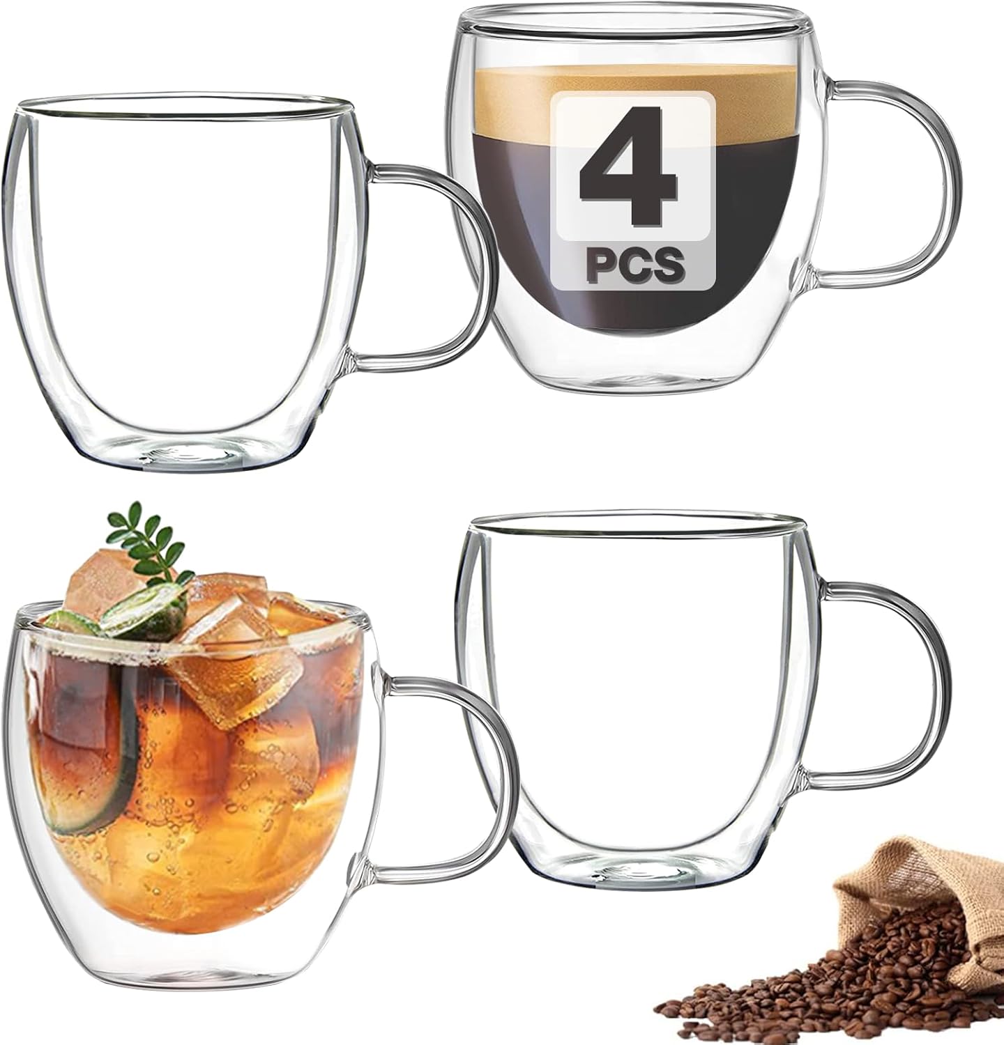 Set of four clear 5 oz double wall espresso cups with handles