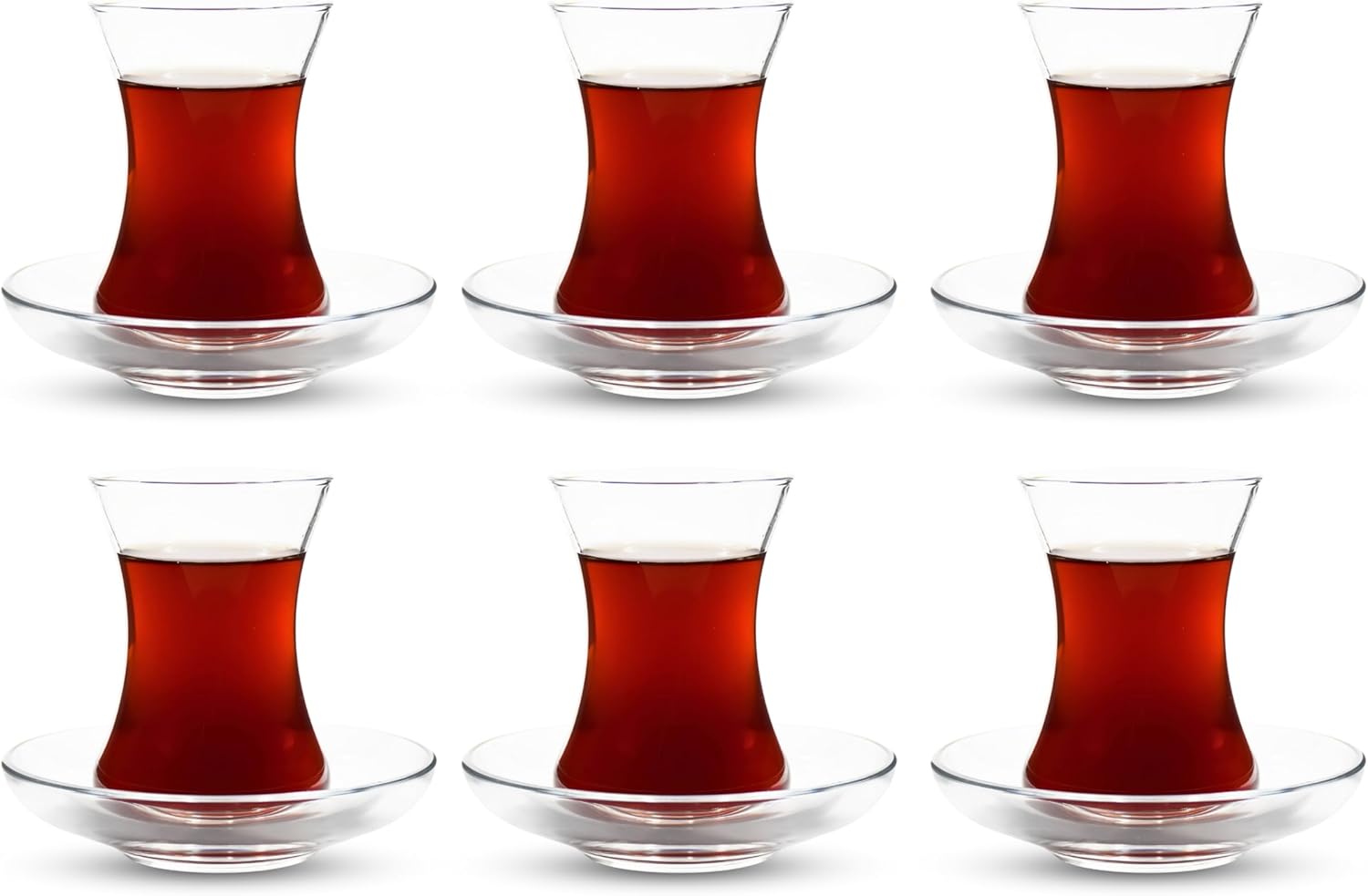 Turkish tea glasses set with slim-waist glasses and matching saucers
