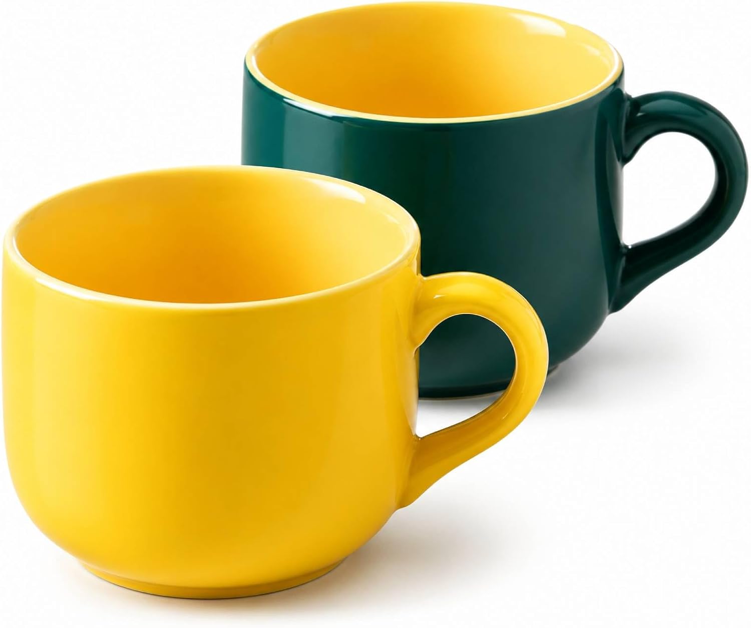 Wide coffee mugs set of 2 in yellow and dark green