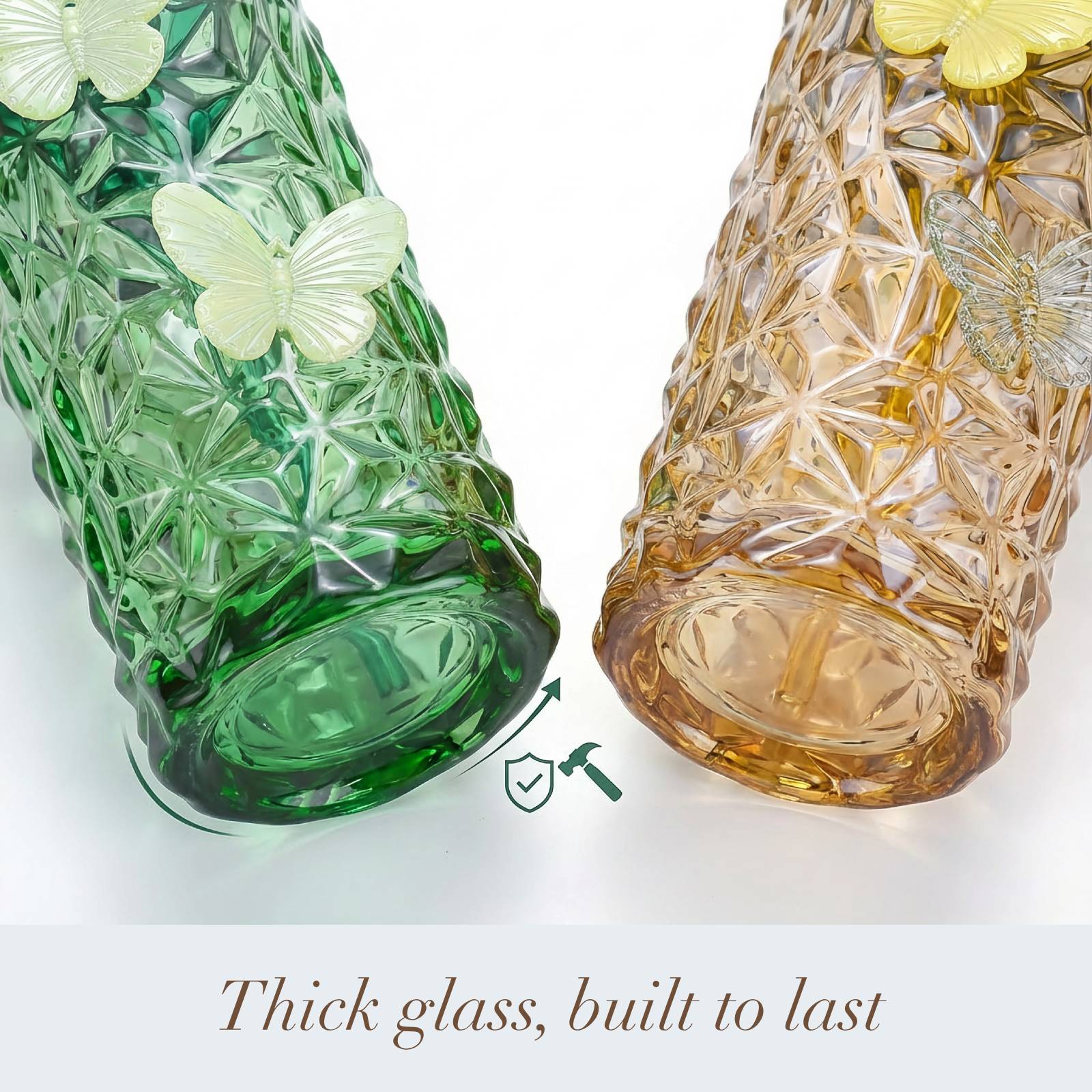 2 Pcs Glass Cups with Lids and Straws, 10oz Glass Tumblers, Butterfly Cups, Green Drinking Glasses, Amber Glassware