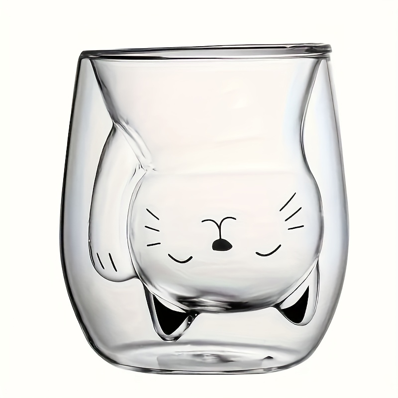 Cat glass cup with clear double wall and cat-shaped inner wall