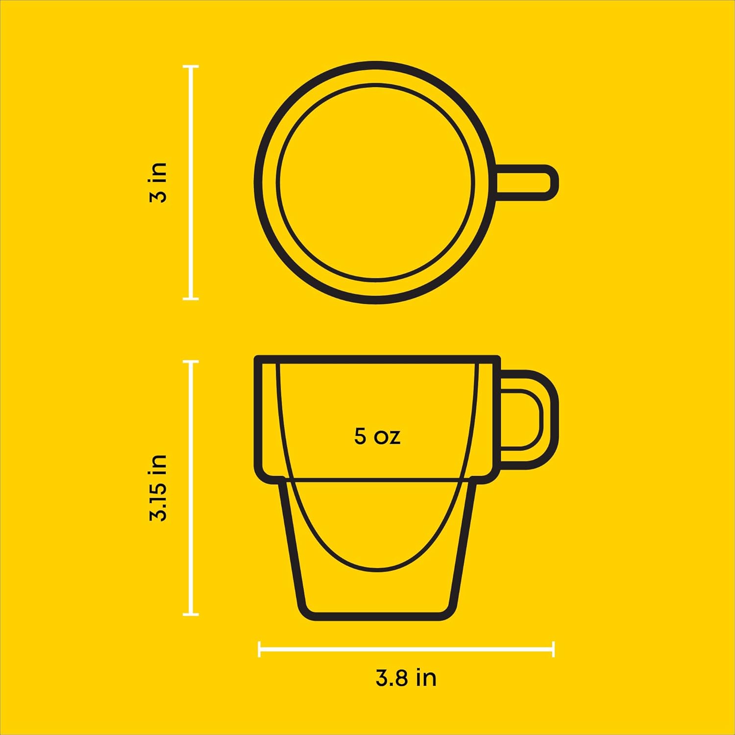 5 oz stackable espresso cup diagram showing top and side measurements