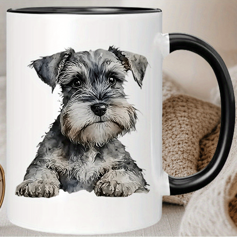 White ceramic Schnauzer mug with realistic puppy art