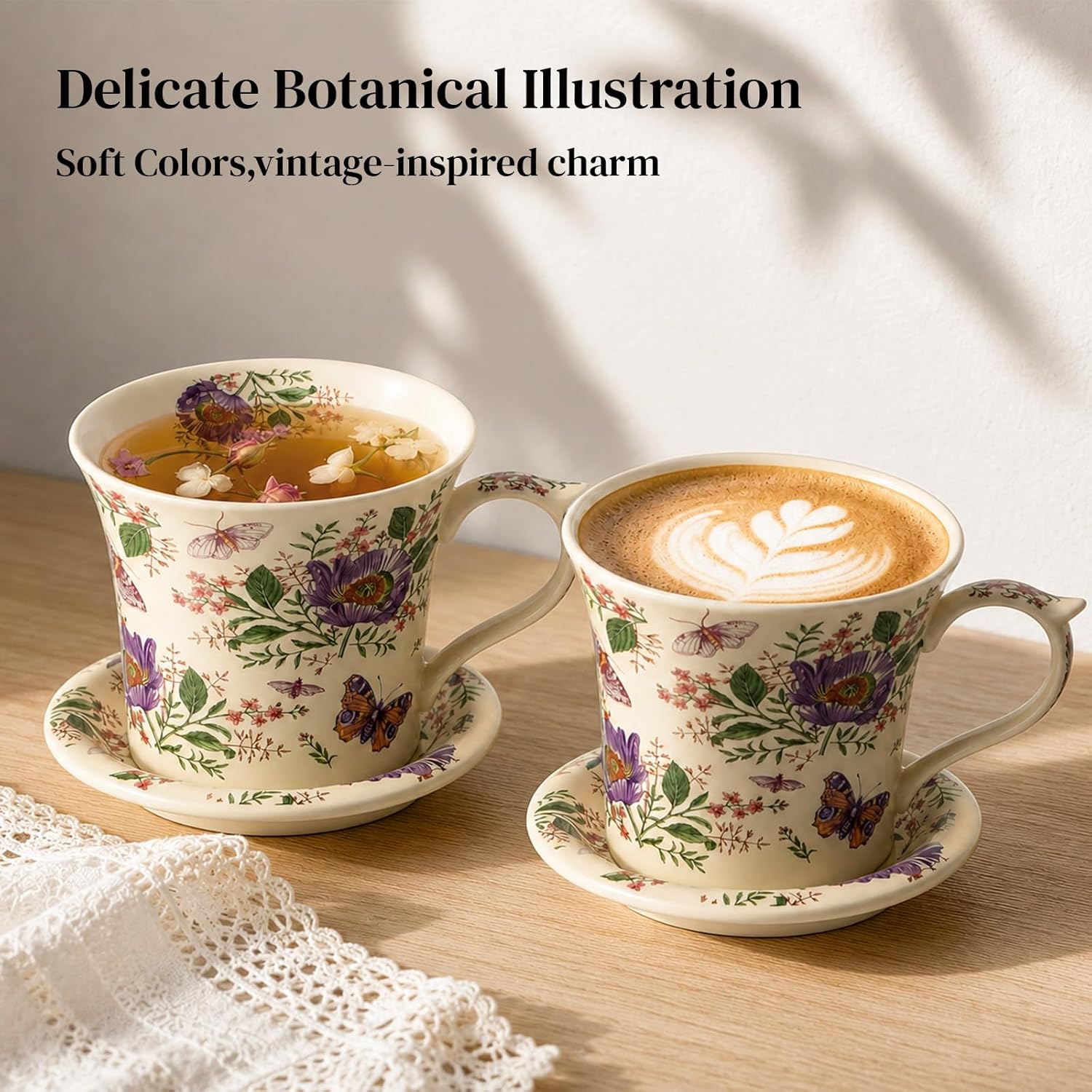 Lidded floral tea cup with matching saucer on a tabletop