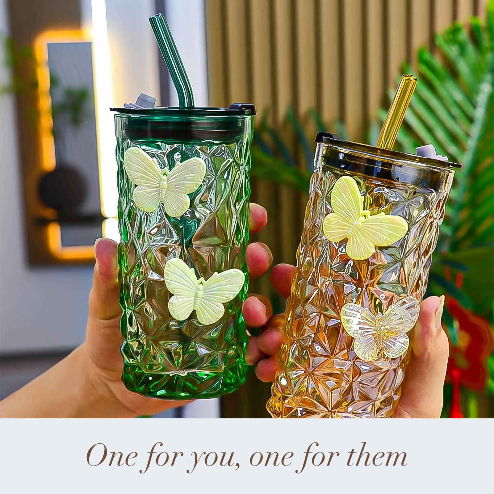 2 Pcs Glass Cups with Lids and Straws, 10oz Glass Tumblers, Butterfly Cups, Green Drinking Glasses, Amber Glassware
