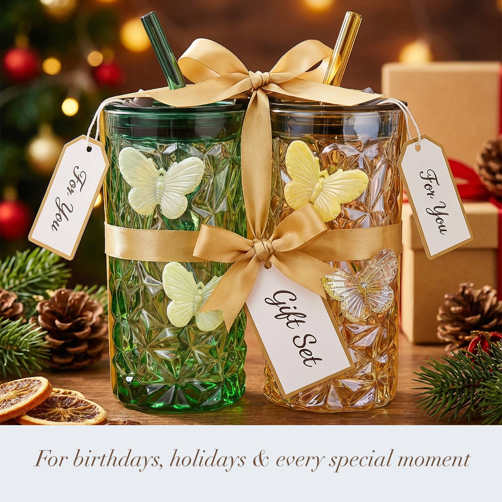 2 Pcs Glass Cups with Lids and Straws, 10oz Glass Tumblers, Butterfly Cups, Green Drinking Glasses, Amber Glassware