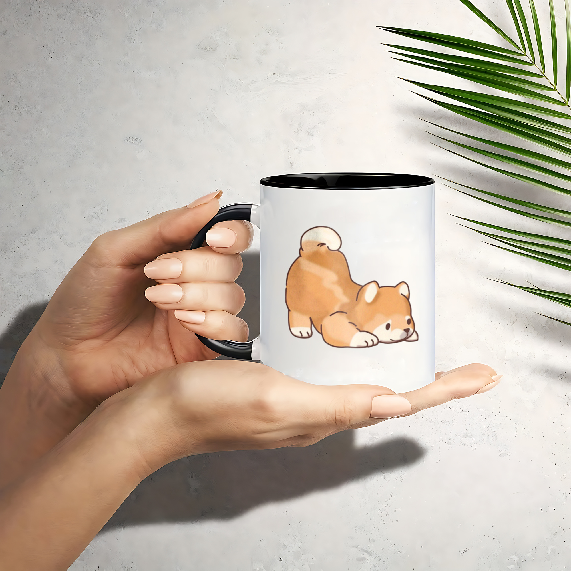 Cute Shiba mug held in hands