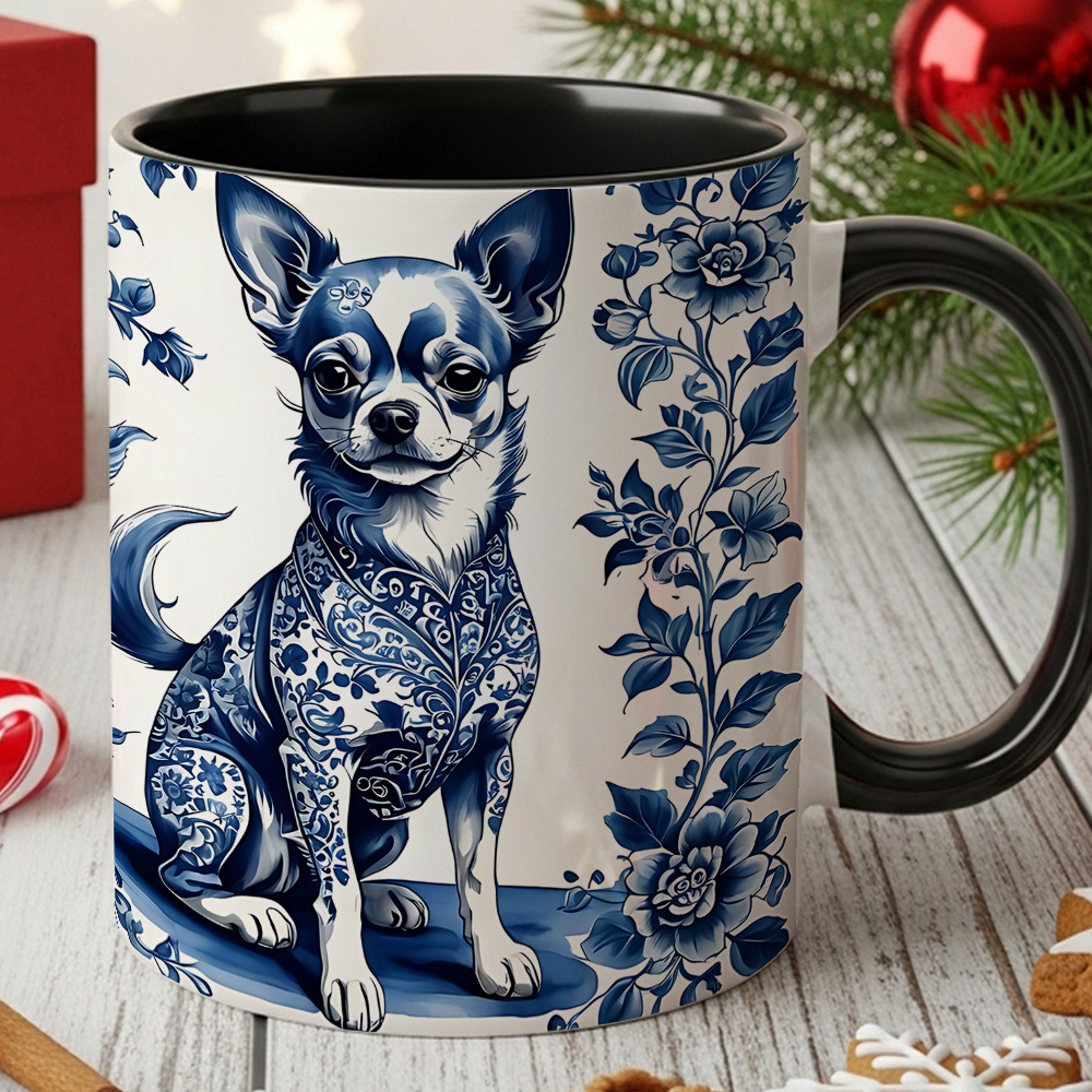 Chihuahua coffee mug in blue and white Delft style