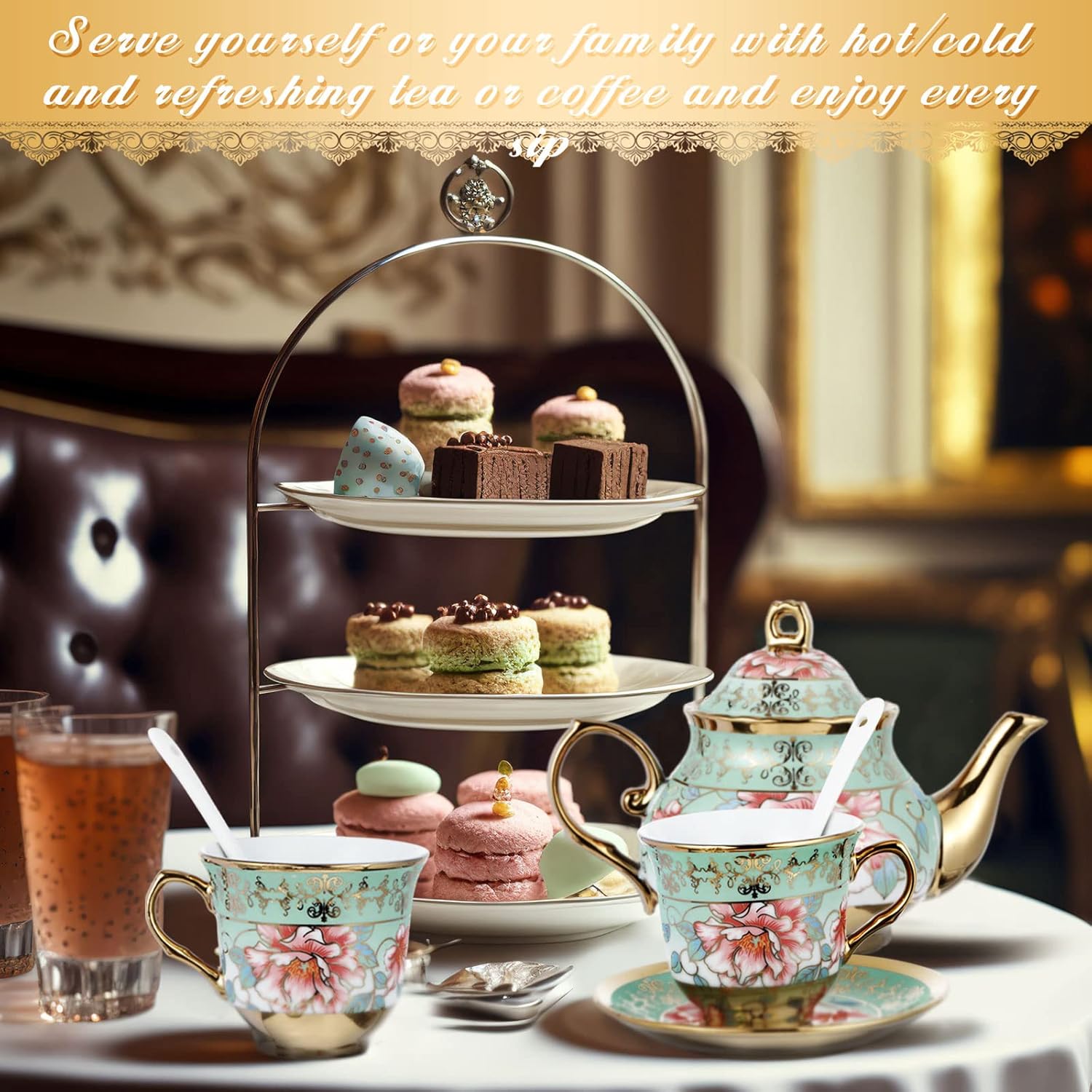 Close view of the floral ceramic teapot and matching tea cups