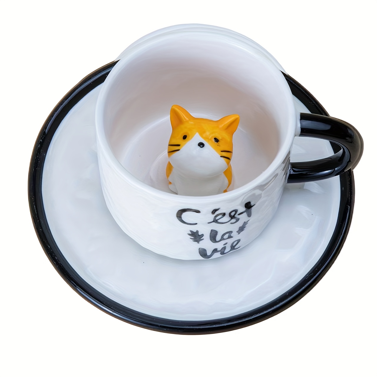 Little yellow cat mug with cat inside and saucer