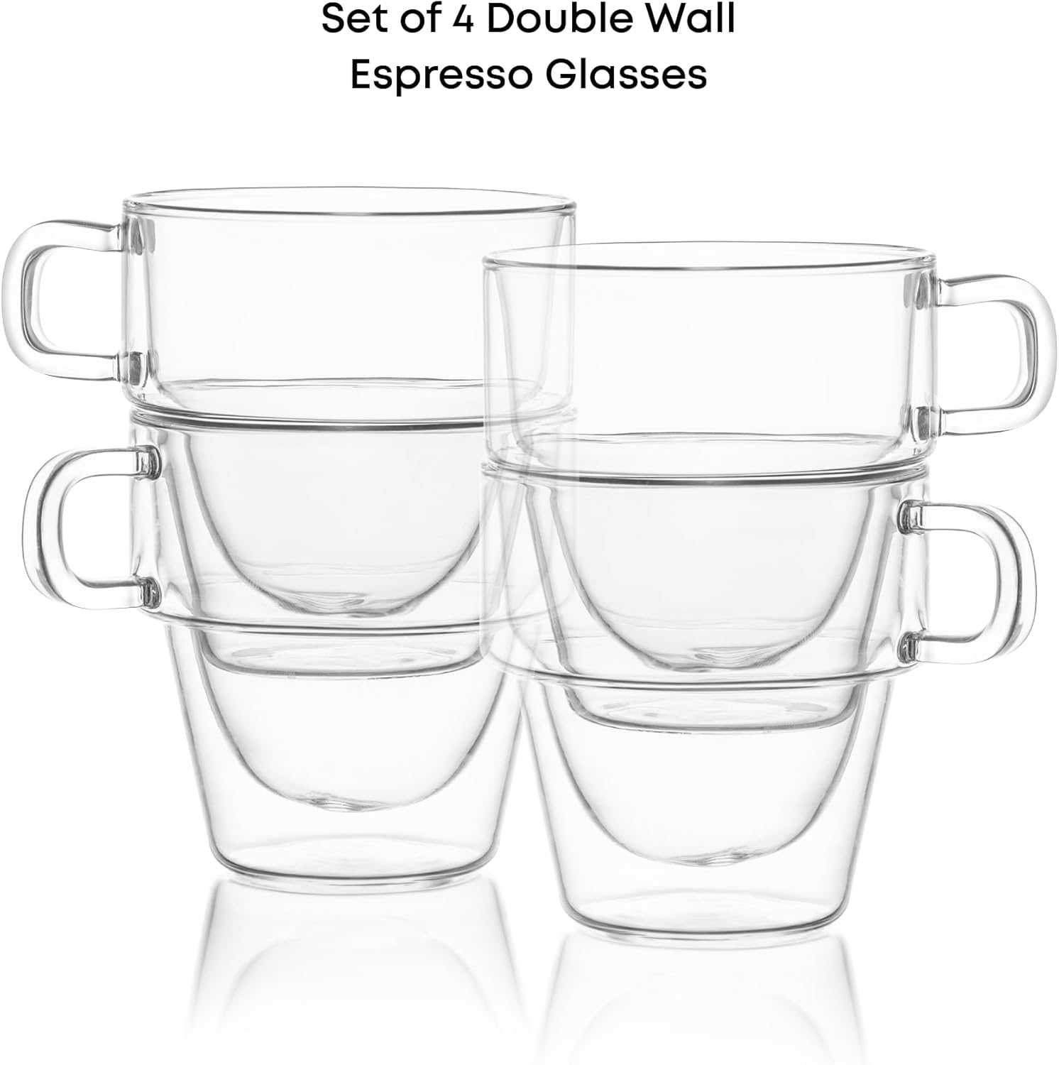 Set of four stackable clear double wall espresso cups with handles