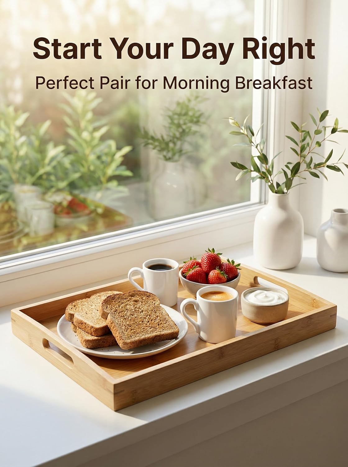 White 2 oz espresso cups styled on a breakfast tray