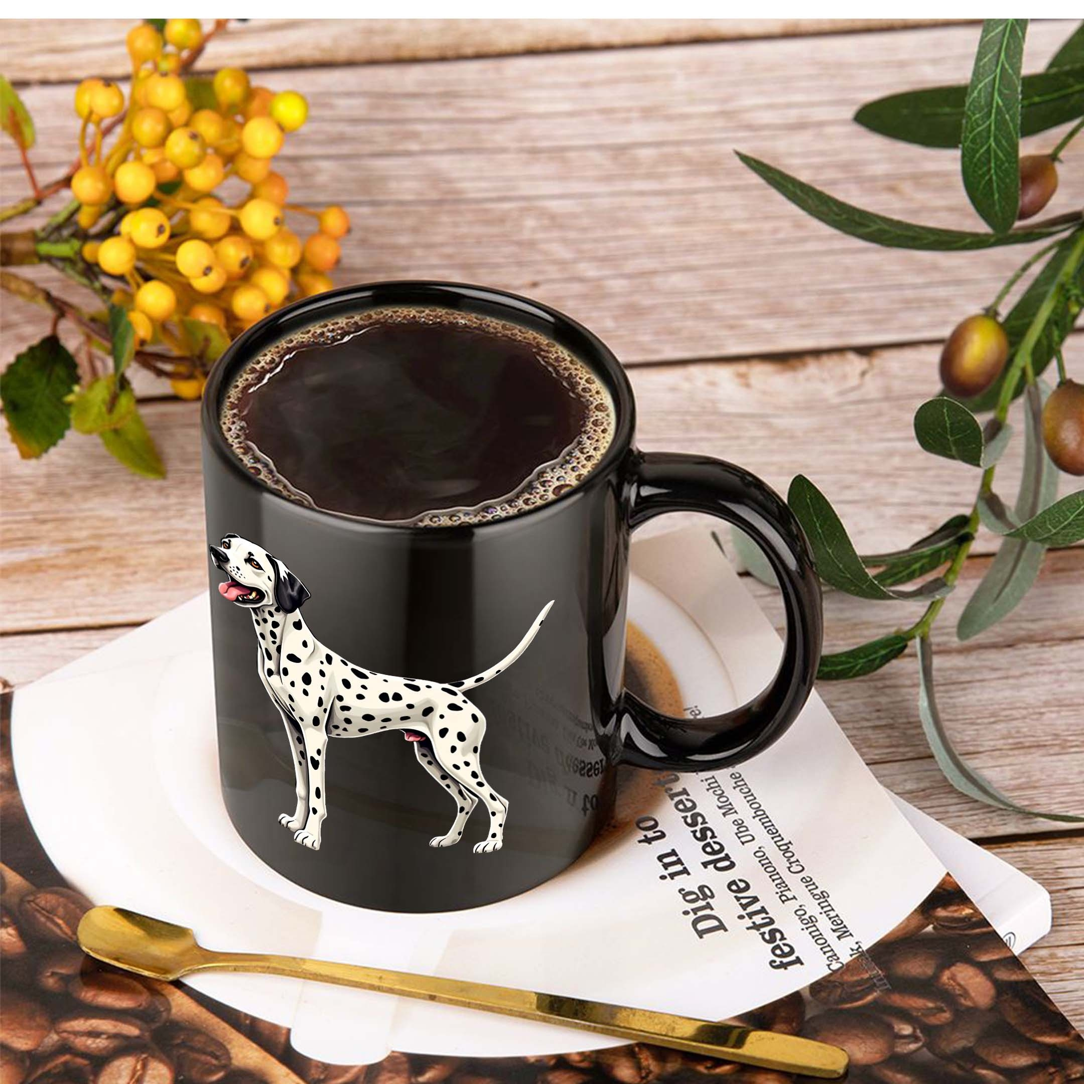 Dalmatian dog mug on tabletop