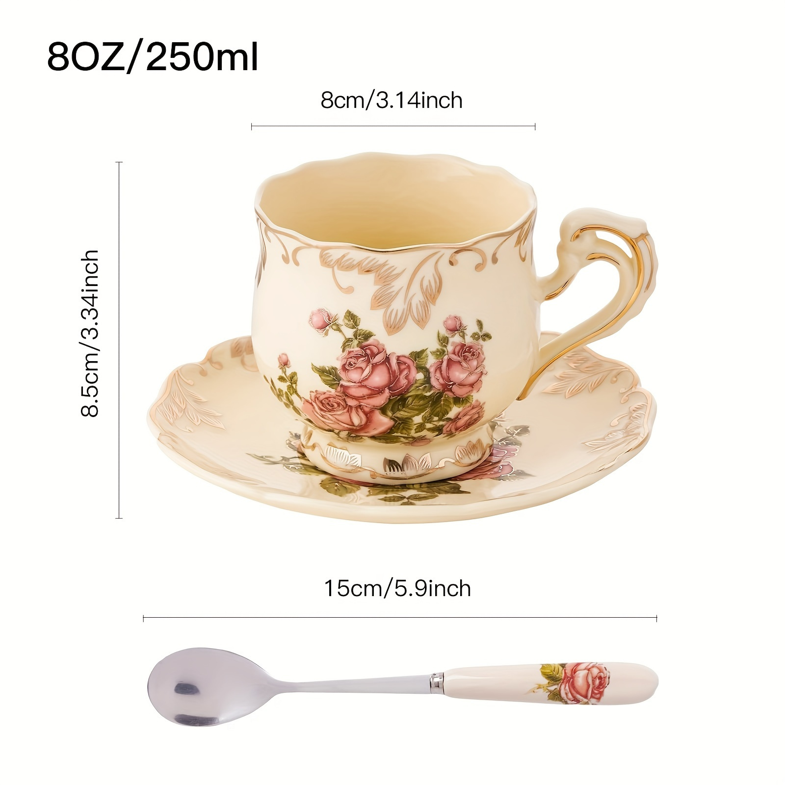 Antique Tea Set Ceramic 8oz with Floral Design & Gold Trim