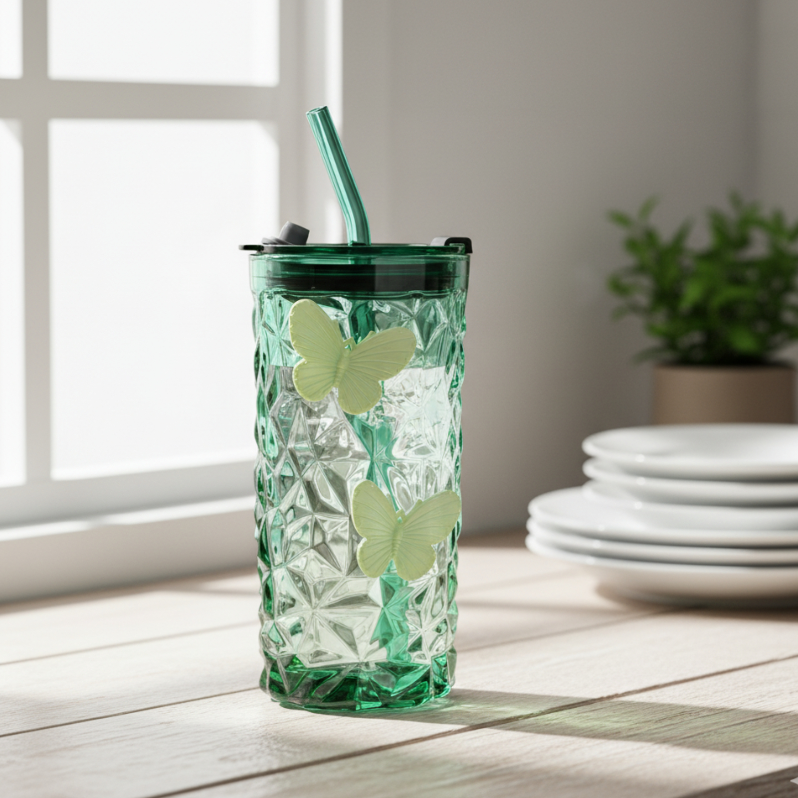 2 Pcs Glass Cups with Lids and Straws, 10oz Glass Tumblers, Butterfly Cups, Green Drinking Glasses, Amber Glassware