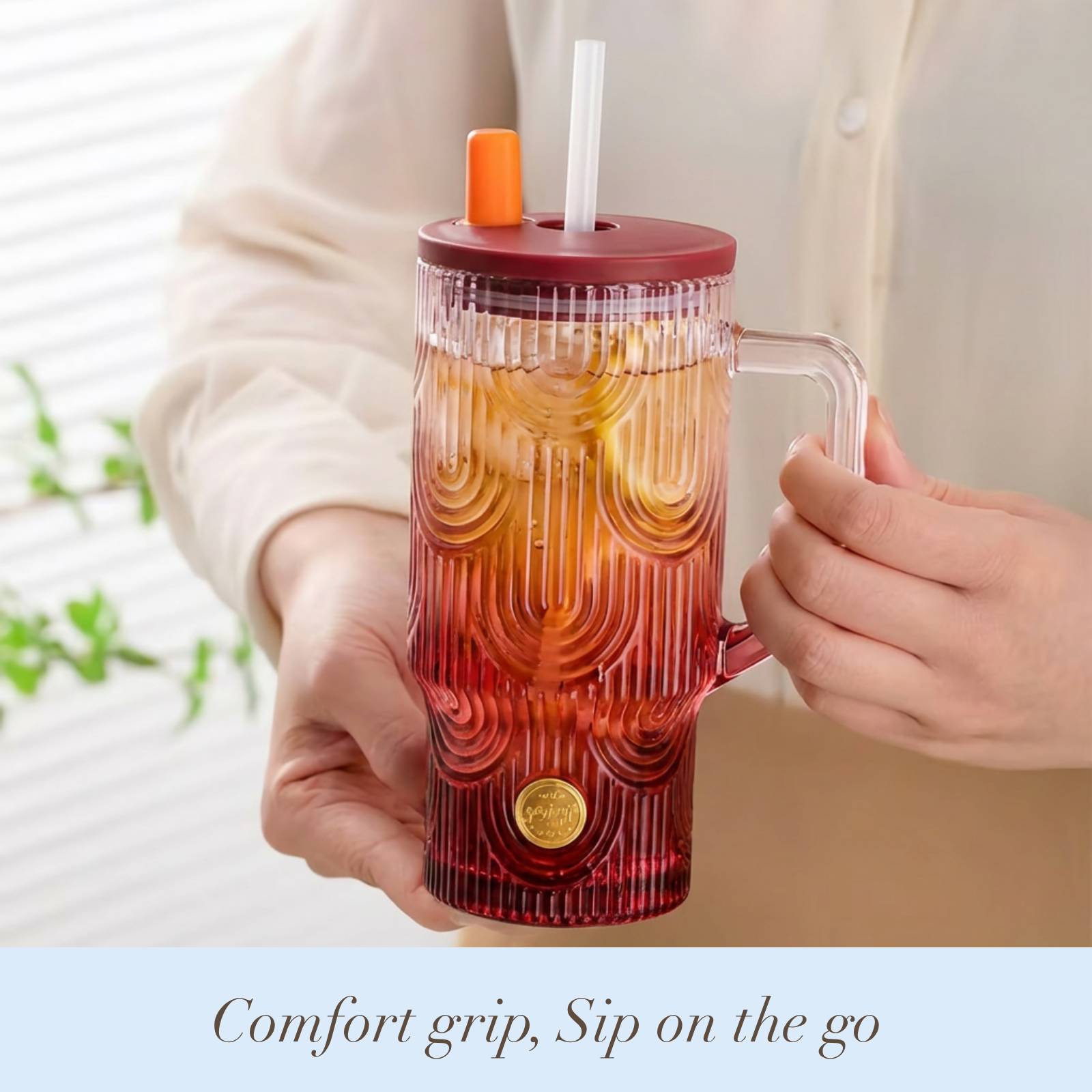 20oz Tumbler with Handle, Glass Cups with Lids and Straws, Leakproof, Bpa-Free