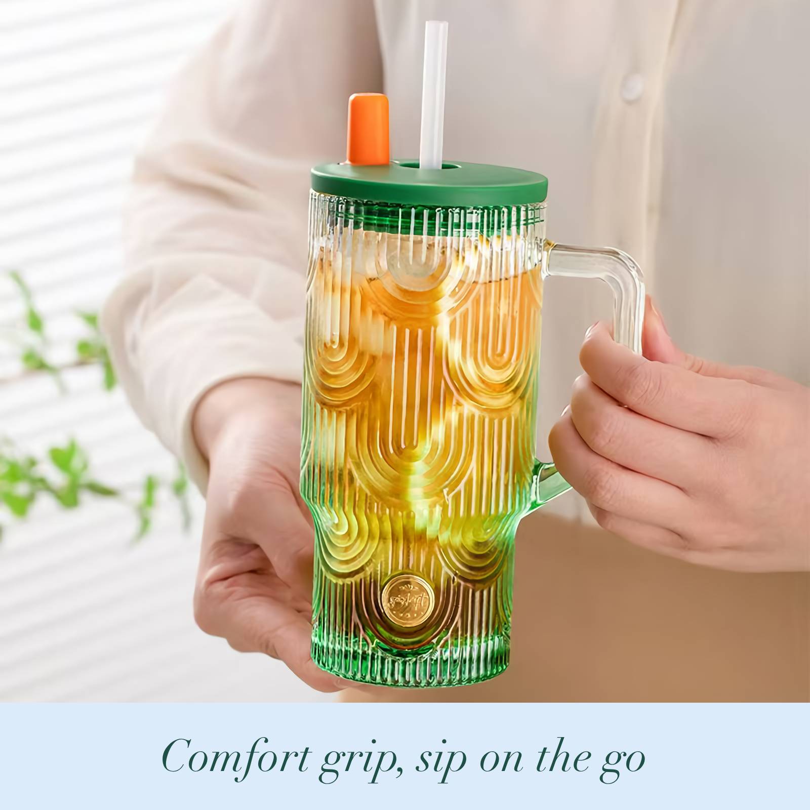 20oz Tumbler with Handle, Glass Cups with Lids and Straws, Leakproof, Bpa-Free