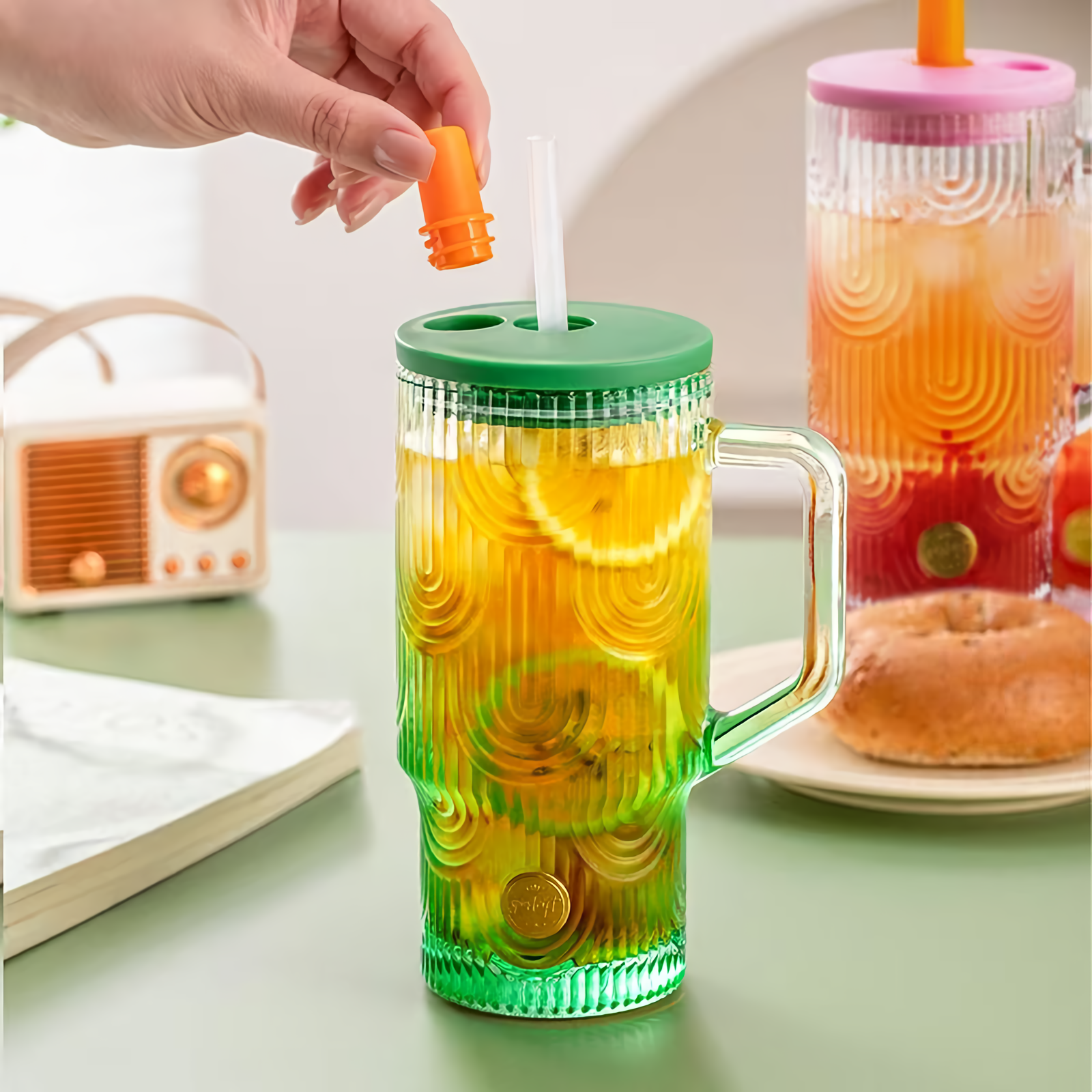 20oz Tumbler with Handle, Glass Cups with Lids and Straws, Leakproof, Bpa-Free