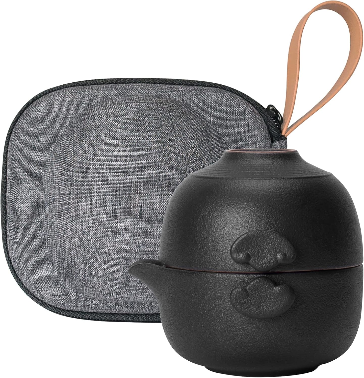 Black ceramic travel gaiwan tea set stacked beside its gray carry case