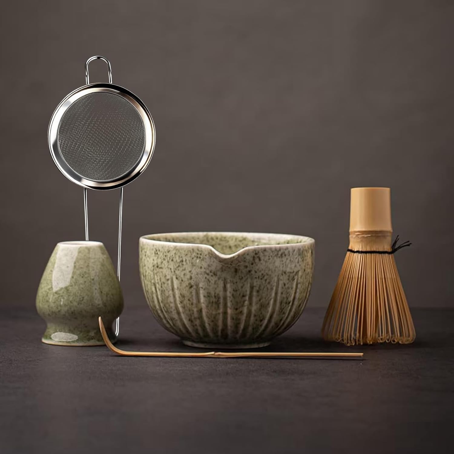 Mottled green 15 oz matcha cup set with bowl, whisk holder, sifter, whisk, and scoop