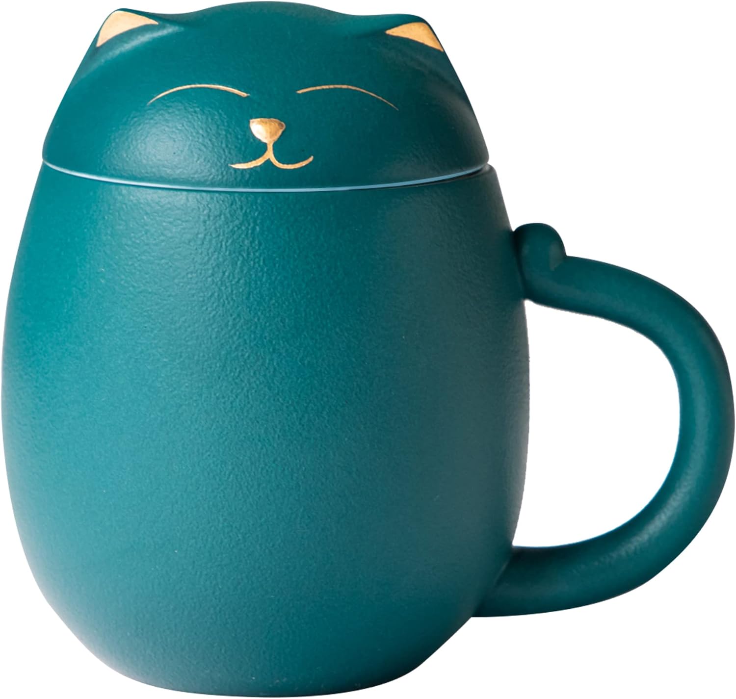 Close view of the ceramic mug handle, infuser, and lid