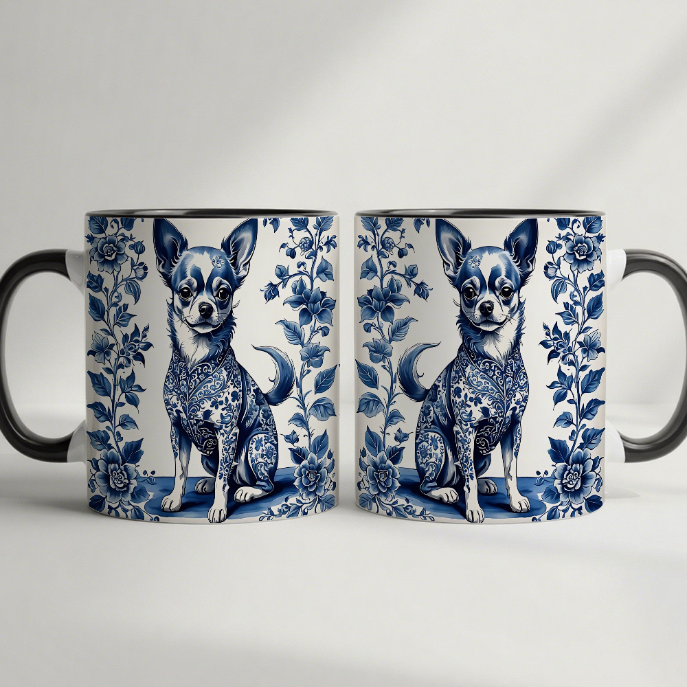 Blue and white ceramic Chihuahua dog cup