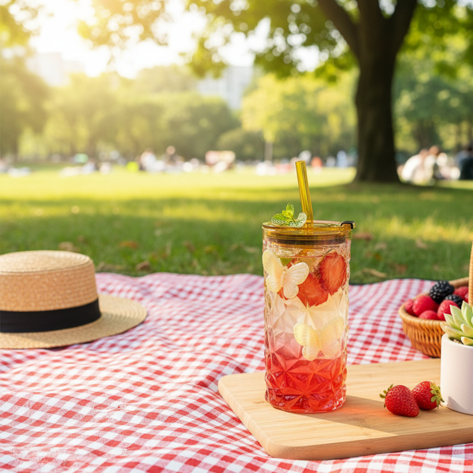 2 Pcs Glass Cups with Lids and Straws, 10oz Glass Tumblers, Butterfly Cups, Green Drinking Glasses, Amber Glassware