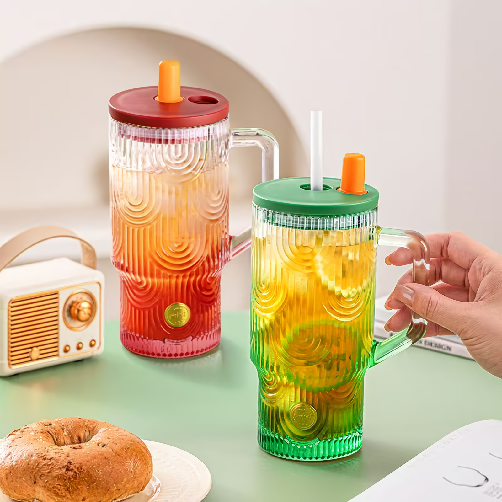 20oz Tumbler with Handle, Glass Cups with Lids and Straws, Leakproof, Bpa-Free