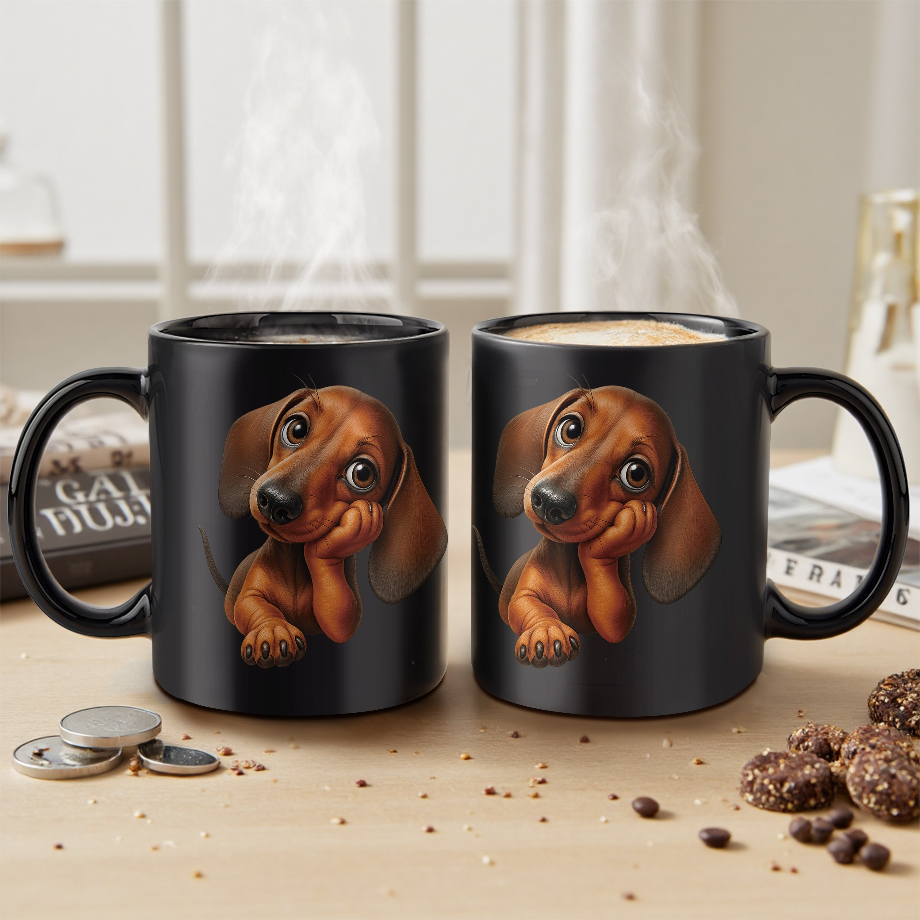 Dachshund mug with brown puppy portrait and black background