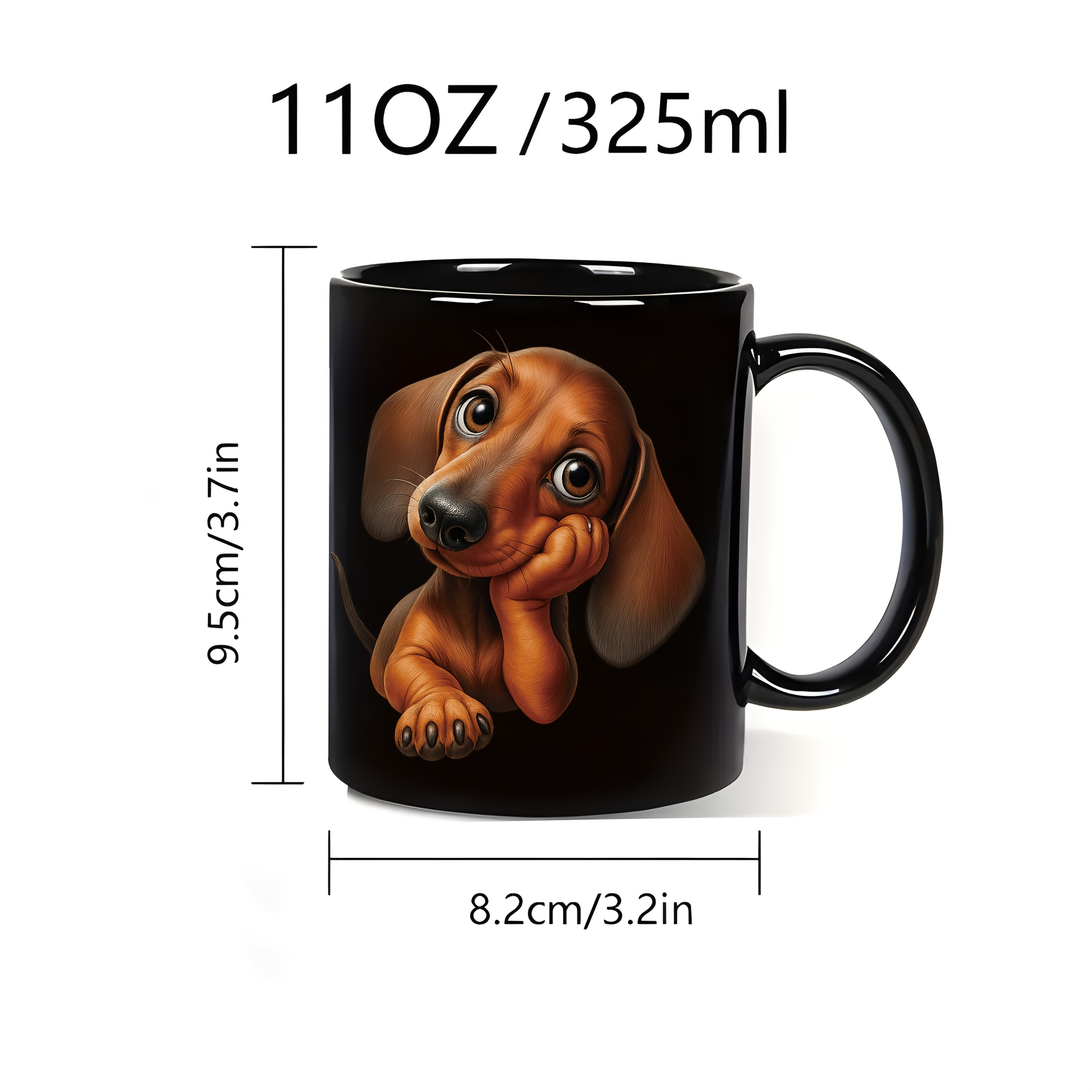 Dachshund mug close-up with brown dog artwork