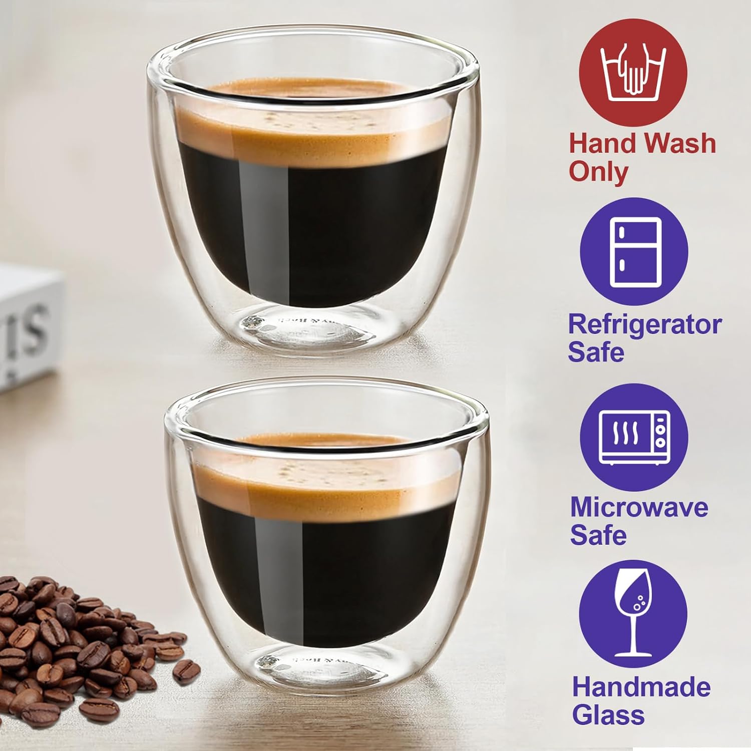 Pair of clear 3 oz demitasse cups with care icons beside the cups
