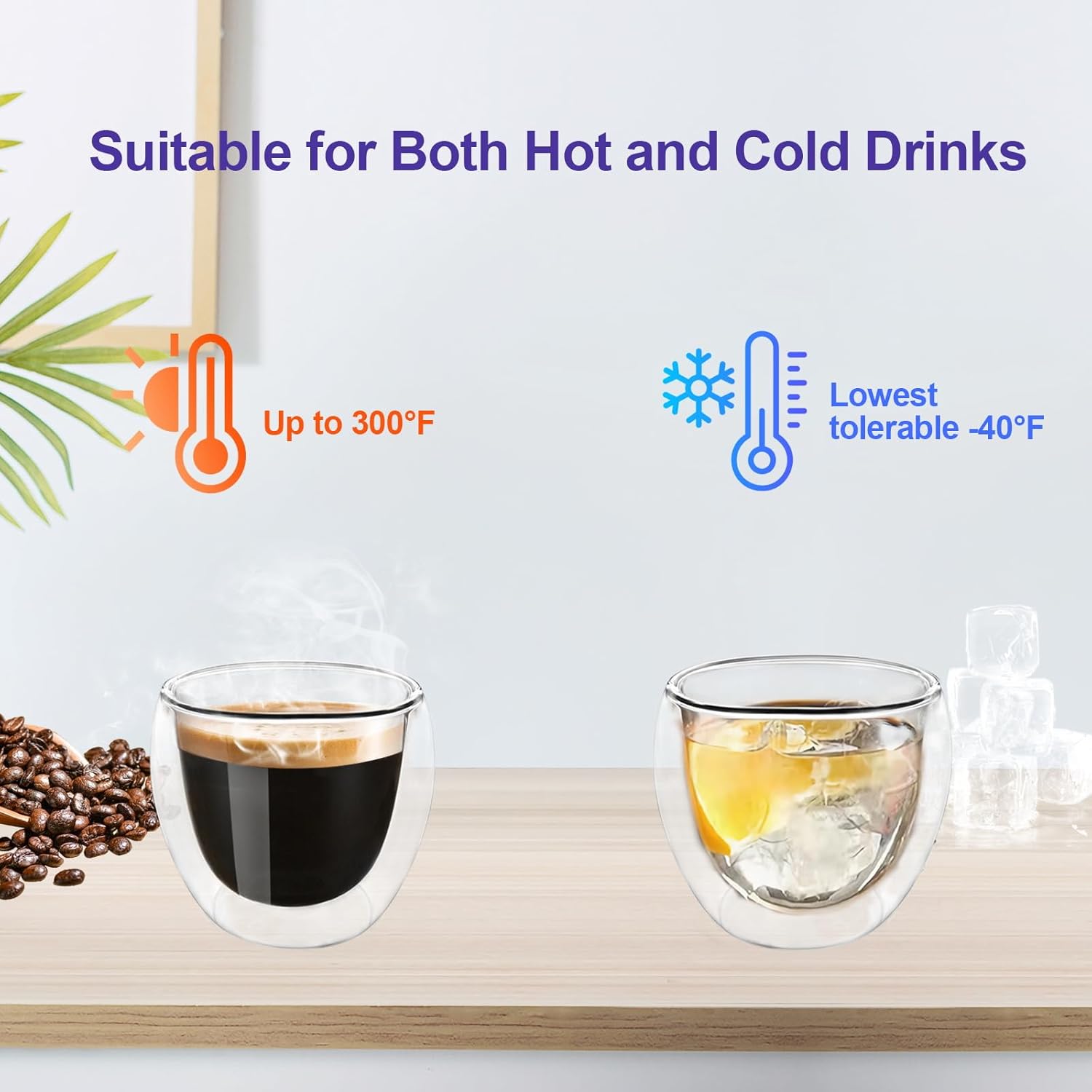 Clear 3 oz double wall espresso cup shown with hot espresso and iced drink comparison