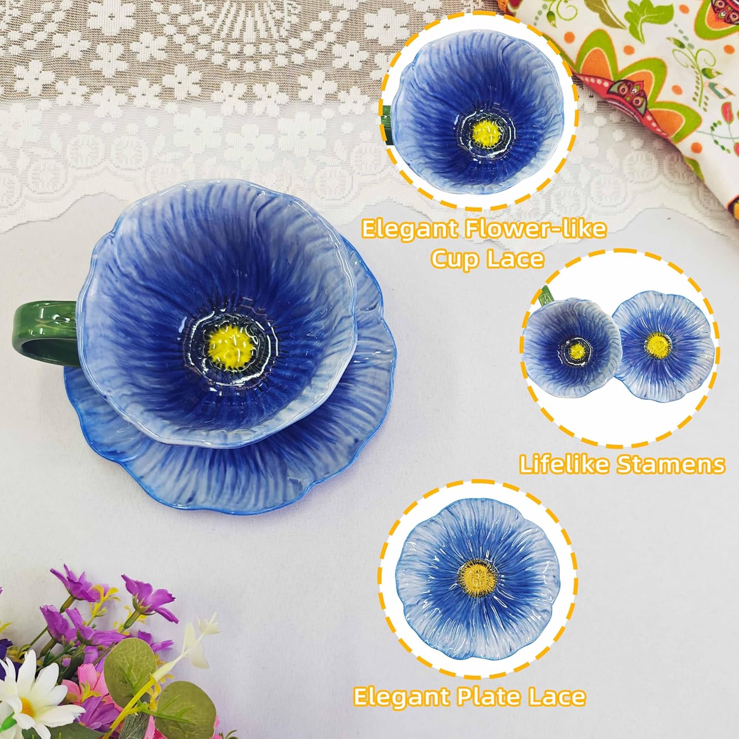 Blue ceramic tea cup and saucer set shown from the side