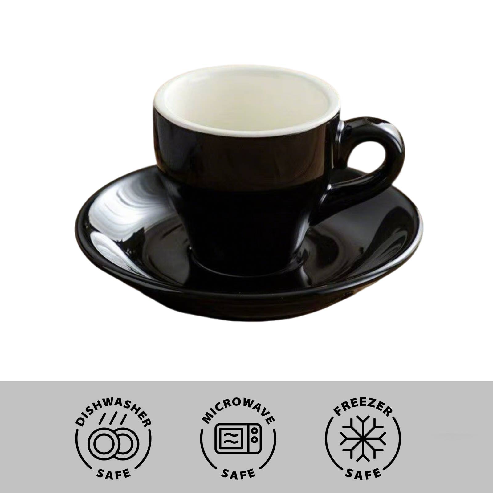 Black 2.5 oz espresso cup and saucer beside care icons