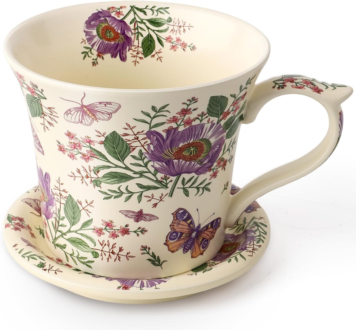 14 oz porcelain tea cup with saucer and lid in a floral design