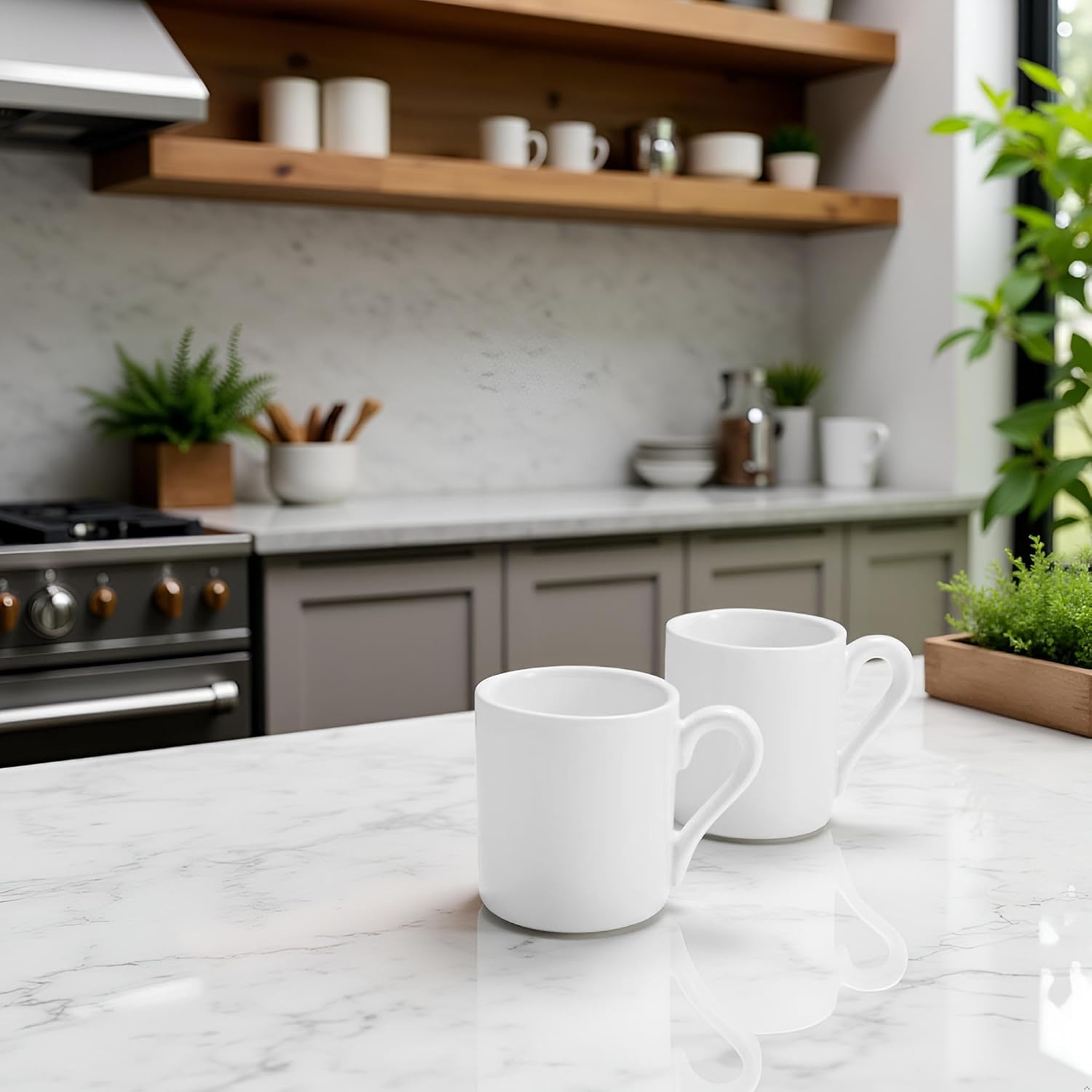 Pair of empty white 2 oz ceramic espresso cups in a kitchen setting