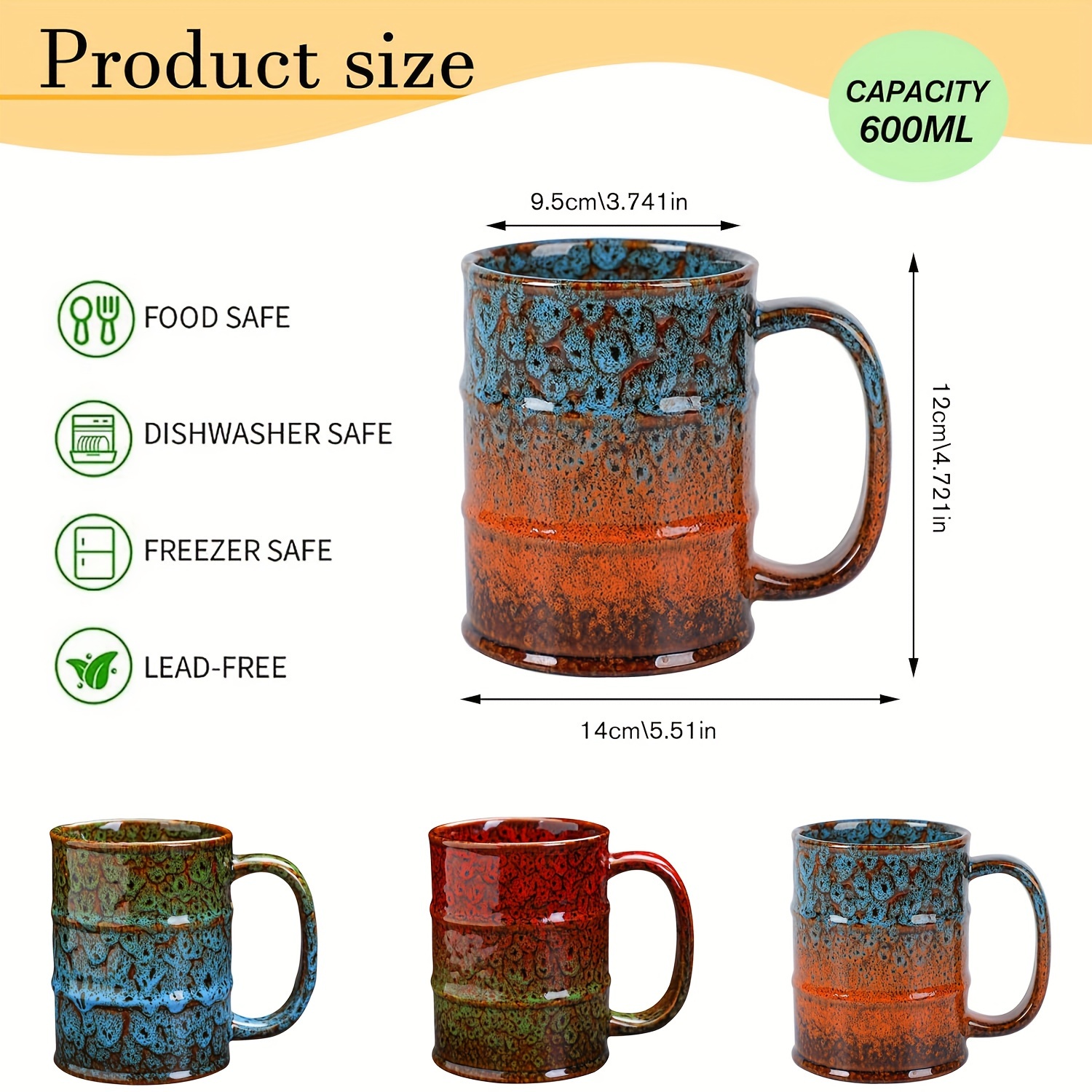 20 oz Large Ceramic Coffee Mug, 600 ml Office Mug