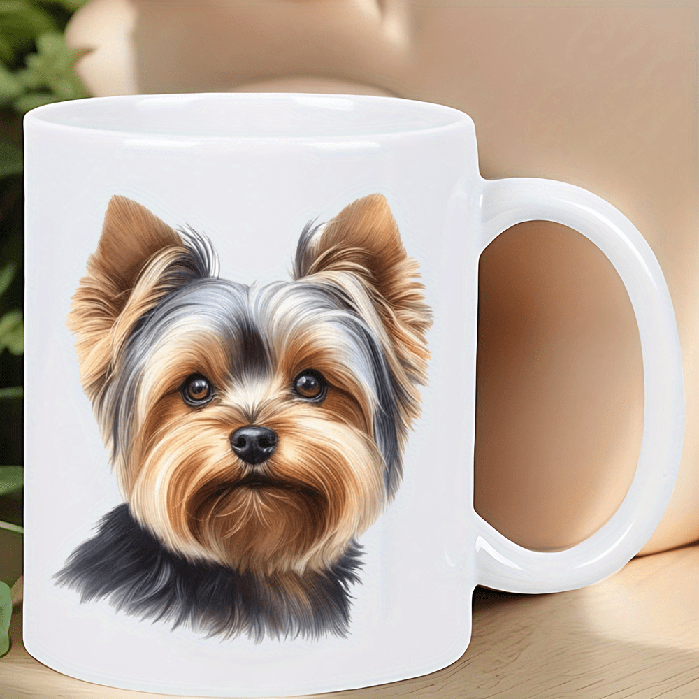 Realistic Yorkie ceramic coffee cup on tabletop