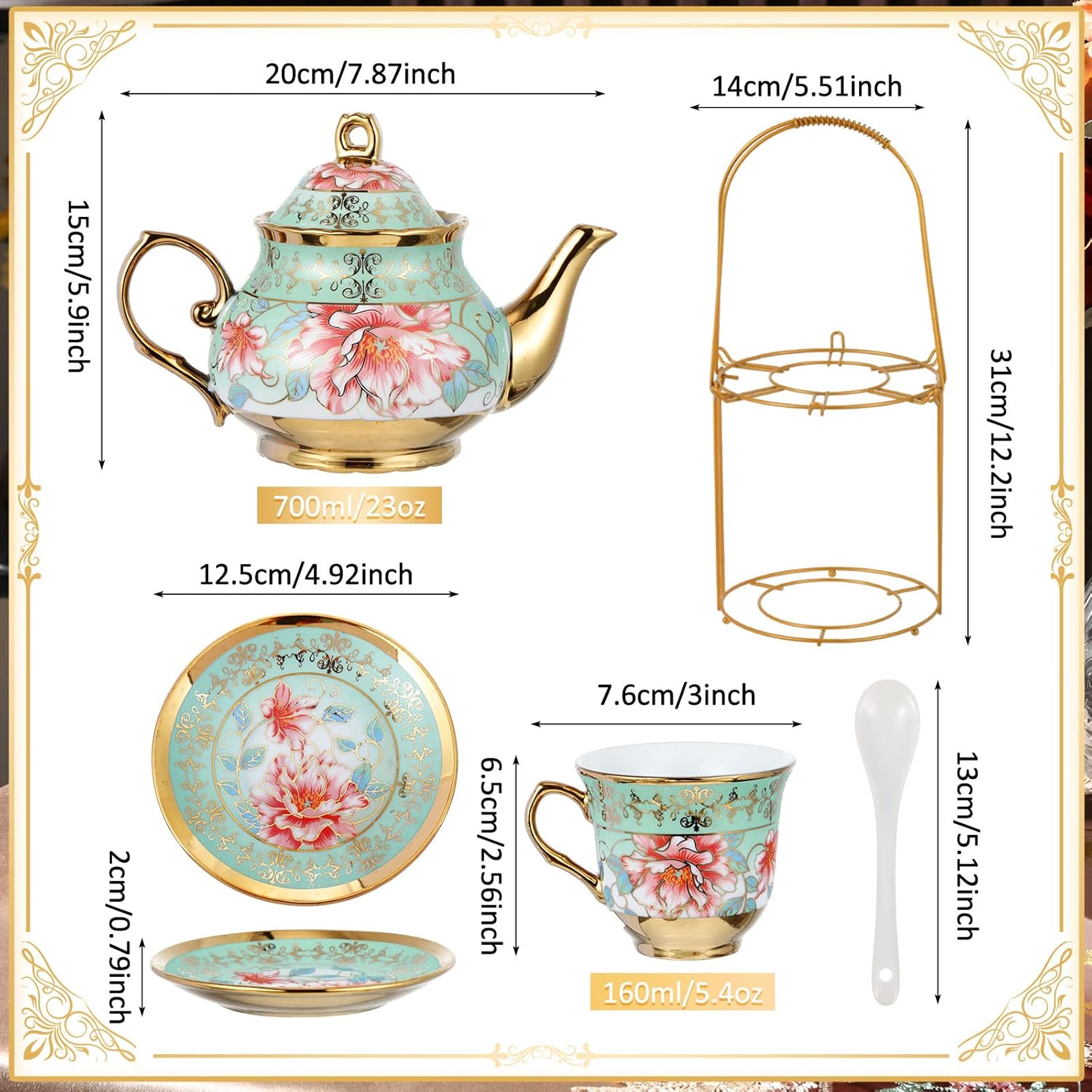 British floral tea service arranged with matching cups, saucers, and teapot