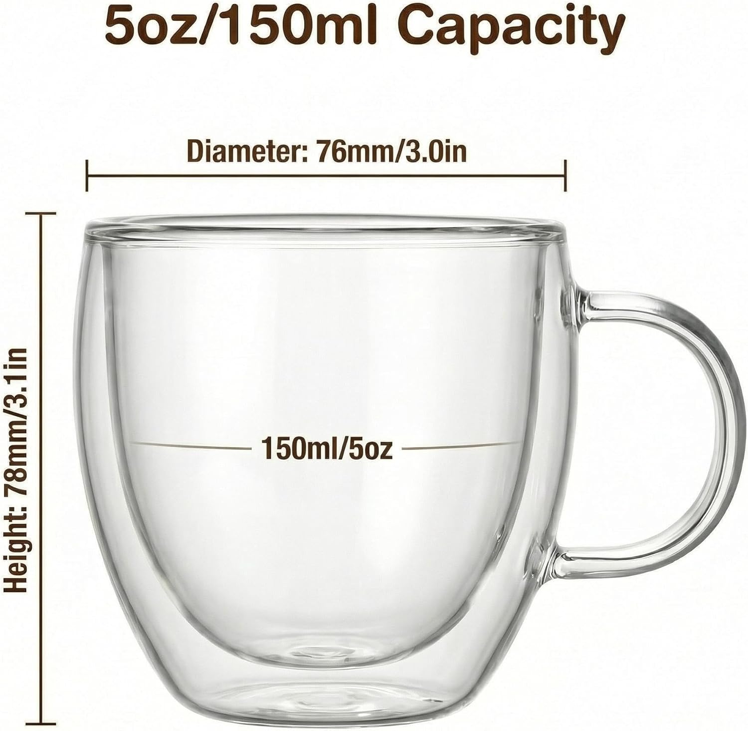 Size diagram for a 5 oz / 150 ml clear double wall espresso cup with handle