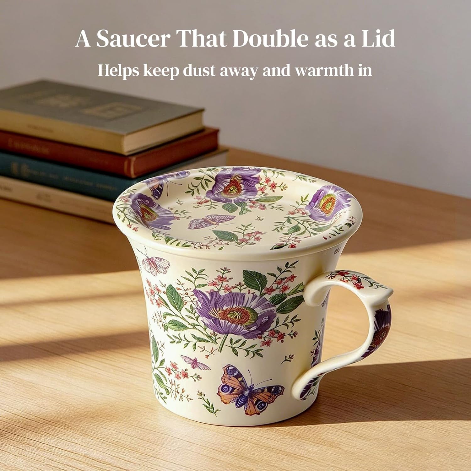 Floral porcelain tea cup set with matching saucer and lid