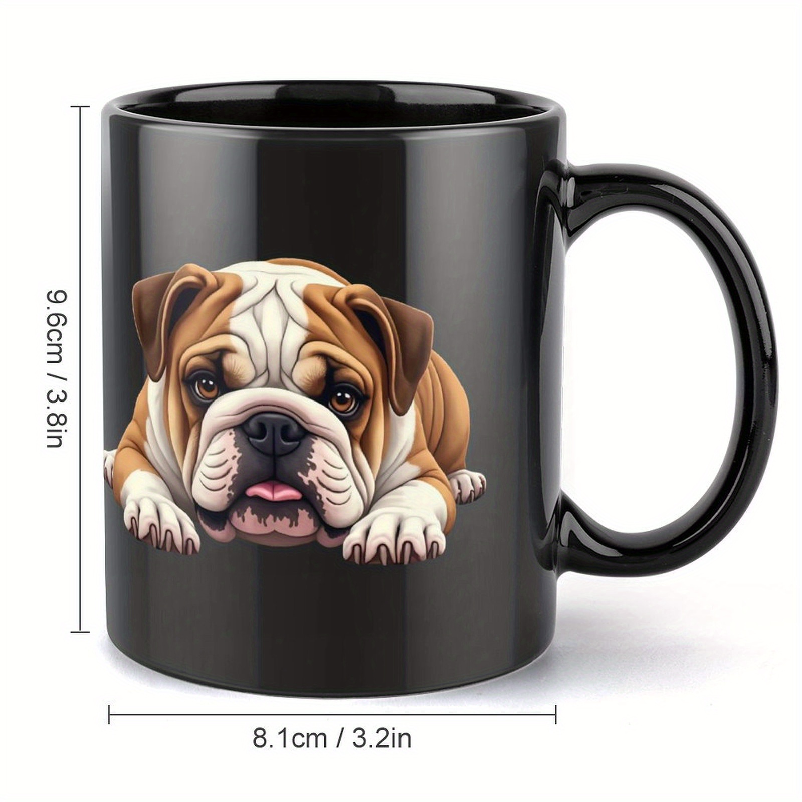Bulldog face mug shown from front and back