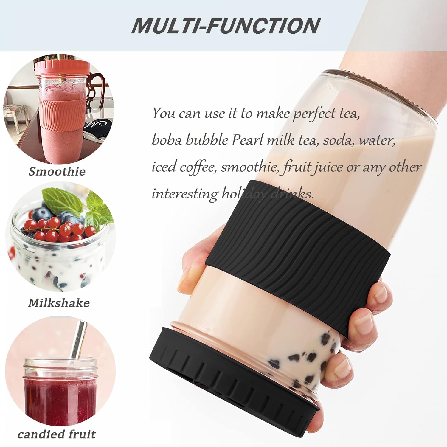 Reusable glass boba cups shown with bubble tea, smoothies, and iced drinks