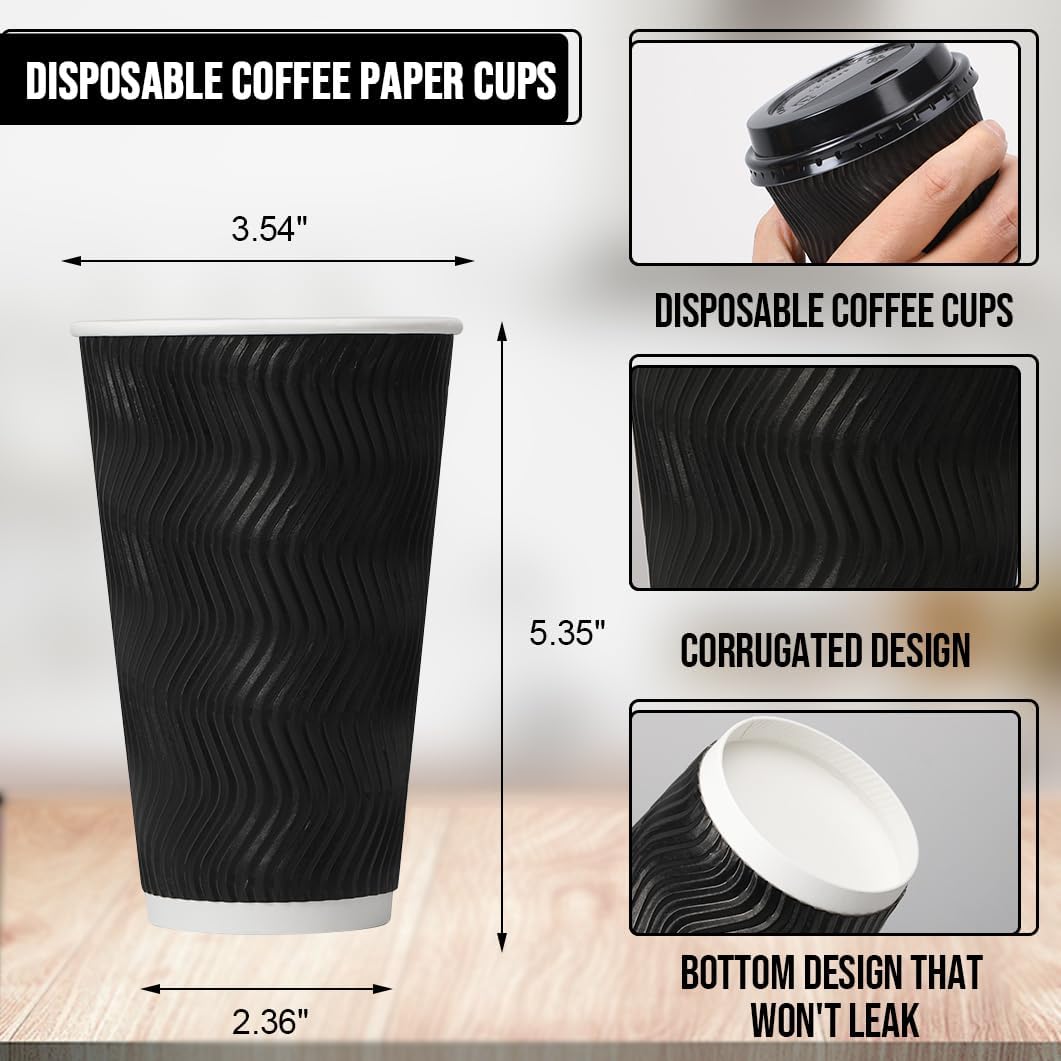 Size chart for black ripple wall paper cups with lid dimensions