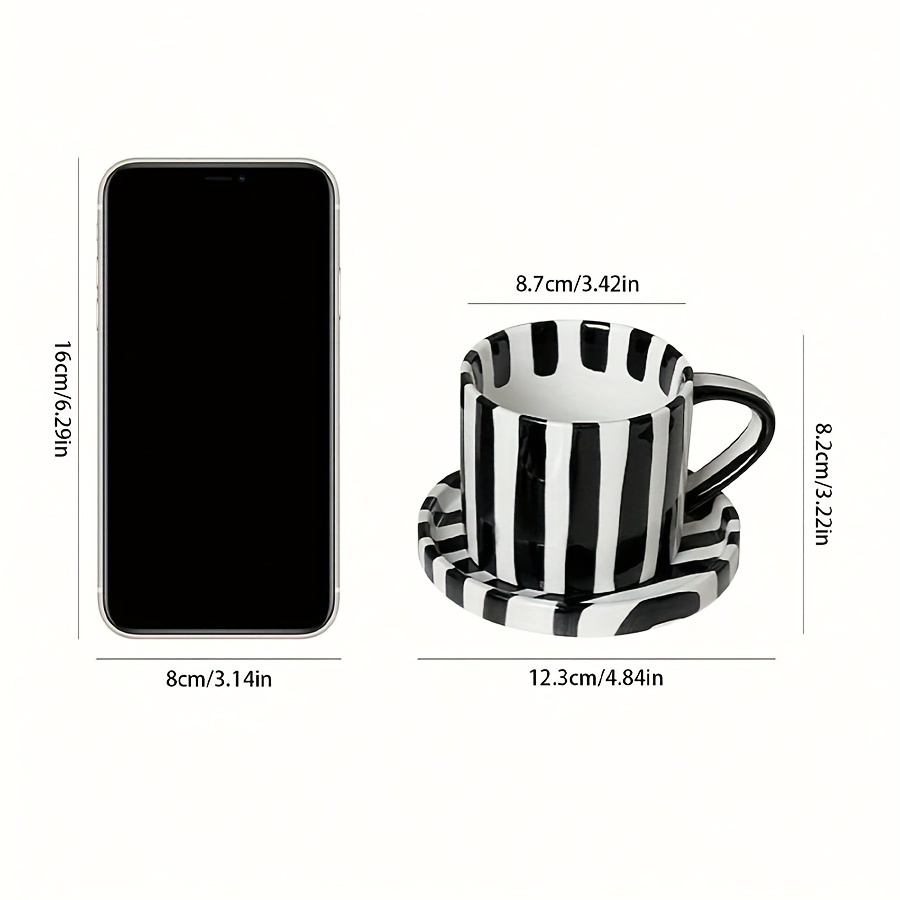 black and white coffee mug with tray size comparison