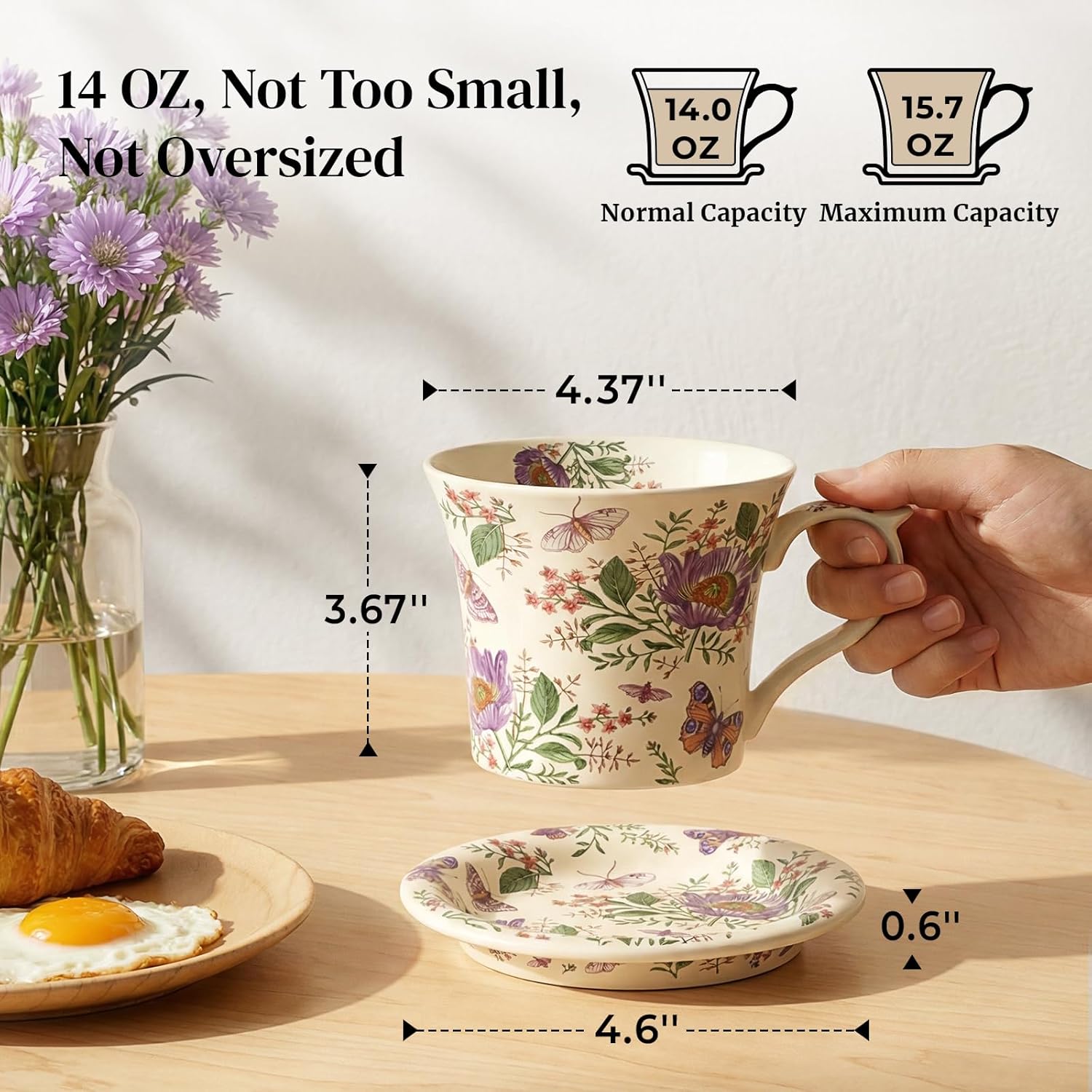 Close view of the porcelain cup handle, lid, and saucer edge