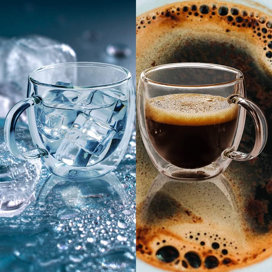 Handled 5 oz glass cups shown with iced drink and hot coffee examples