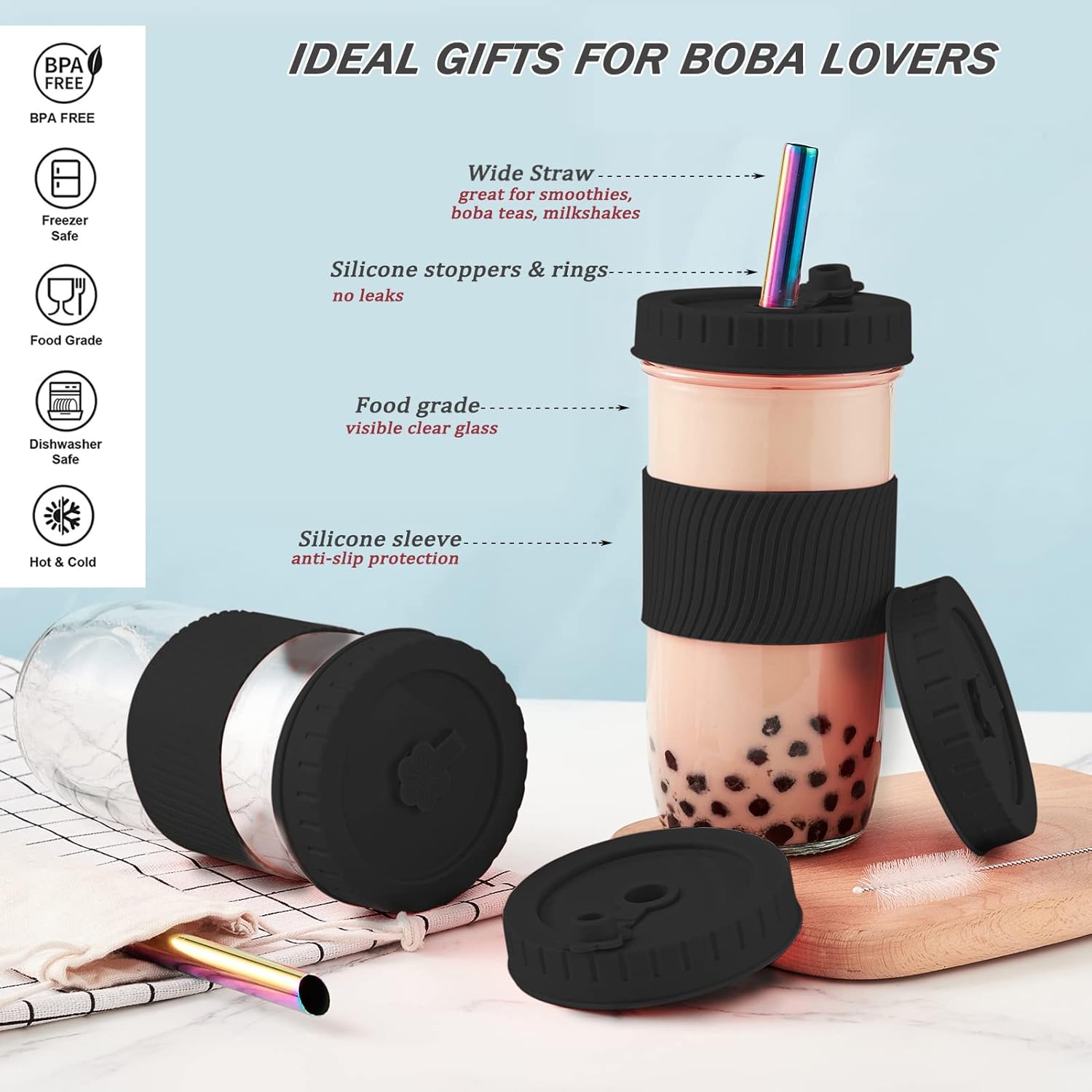 24 oz glass boba cup feature collage with wide mouth, lid, and straw details